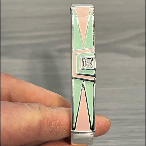 Silver Hinged Bangle Bracelet w/ Seafoam Green and Peach Enamel and CZ Diamond - Picture 3 of 6